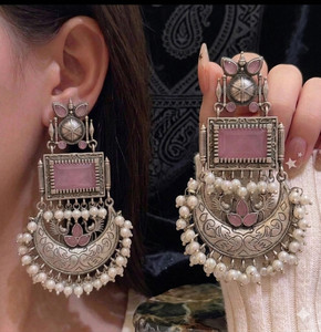 HIGHSTREET FASHION Trending Pink Stone Oxidised Silver Chandbali Jhumka Earrings For Women Pearl Alloy Drops & Danglers, Chandbali Earring, Jhumki Earring