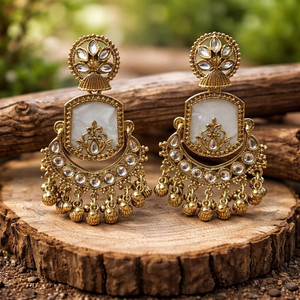 ब्रावो Treditional Antique Gold Chandbali with White Stone and Ghungroo Drops Brass Chandbali Earring, Huggie Earring, Drops & Danglers