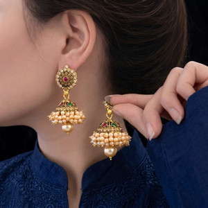 Liora Gold Plated Temple Jhumka Earrings with Pearl Clusters for festive season. Beads Alloy Jhumki Earring, Drops & Danglers