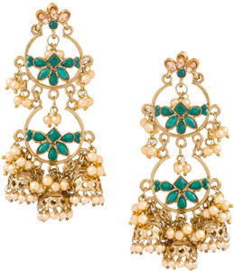 YELLOW CHIMES Traditional Statement Long With Kundans & Pearls For Women & Girls Brass Chandbali Earring
