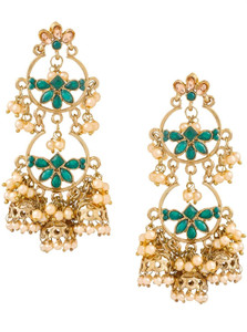 YELLOW CHIMES Traditional Statement Long With Kundans & Pearls For Women & Girls Pearl Brass Chandbali Earring