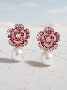 RUBANS 22K Rose Gold-Plated Ruby Pink AD & Cubic Zirconia Floral Pearl Drop Earrings Brass Drops & Danglers