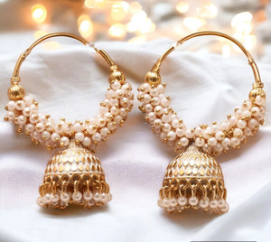 KanGen Villa Creation Bollywood style ethnic White Color Oxidized Hoop Jhumka Earrings for Women Pearl Alloy Jhumki Earring, Chandbali Earring, Drops & Danglers, Hoop Earring, Earring Set