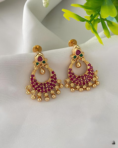 PBM CREATIONS GOLD PLATED AD STONE WEDDING JHUMKI / HOOPS / PEARL STUD / KOREAN EARRING Copper Drops & Danglers, Jhumki Earring
