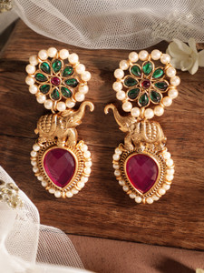 RUBANS Gilded Opulence Gold Tone Kundan Stone with Beaded Drop Earrings Brass Drops & Danglers
