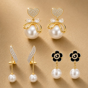 GEMINIELITE Trendy 3 Pair Korean Style Pearl Crystal Earrings Combo for Women & Girls Cubic Zirconia, Pearl, Crystal Alloy Stud Earring