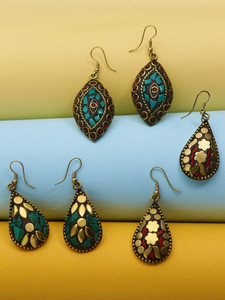 YELLOW CHIMES Handmade Tibetan Traditional COMBO of 3 Pairs Gold Plated Dangler Earrings Metal Drops & Danglers