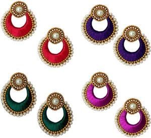 Tia Crafts Handmade Silk Thread Red, Dark Blue, Peacock Green and Magenta Fabric Chandbali Earring