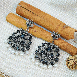 StylishKudi Black Stone Studded Oxidised Earrings With Hanging Pearls Zircon Brass Drops & Danglers