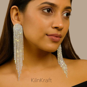 KilnKraft Long Crystal Rhinestone Tassel Earrings for Women – Sparkling Partywear Dangler Alloy Tassel Earring
