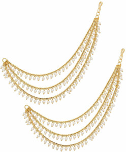 MEENAZ 1 one gram gold Polish 22k Plated Traditional Temple Jewellery Bahubali Brass Copper Ear Chain White pearl Studded Kan chain south indian Earing For Women girls wedding bridal bride dulhan Fancy party wear Latest Set kaan Hair Accessory women kanoti head Wedding Pearl Accessories Jhumki Jhumka rings Ethnic Collection Festive Party Wear Design Gold Link cuff Fashion Long Alloy Cuff ear chains Combo golden long earrings earing jhumka combo EAR CHAIN-ME120 Copper, Metal, Brass, Alloy Ear Thread, Drops & Danglers