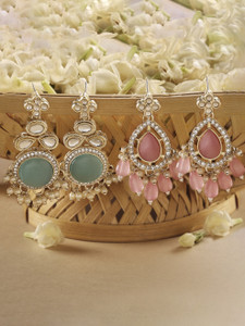 ZAVERI PEARLS Zaveri Pearls Combo of 2 Turquoise Pink Kundan Diamonds Jhumki Earring-ZPFK16865 Beads Alloy Drops & Danglers