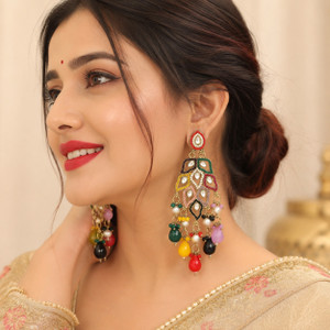 jodira Multicolor Kundan Chandbali Earrings | Gold Plated Meenakari Pearl Dangler Beads Alloy Drops & Danglers