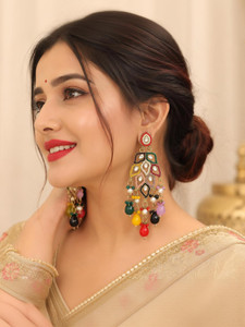 jodira Multicolor Kundan Chandbali Earrings | Gold Plated Meenakari Pearl Dangler Beads Alloy Drops & Danglers