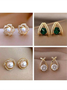 Kradhika Pack of 4 Stylish Gold Stone Pearl Stud Tops Earrings Women Girls Light weight Crystal, Cubic Zirconia, Pearl Alloy, Brass, Stone Drops & Danglers, Earring Set, Hoop Earring, Rhinestone Studs, Stud Earring
