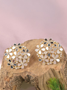 TANAIRA Tanaira mirror Work Round Earring or Studs for Women & Girls, Metallic Gold Crystal, Cubic Zirconia Alloy Stud Earring
