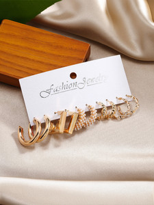 TheVineGirl Combo of 5 Pair Geometric Twisted Chain Pearl Hoop Earrings Alloy Earring Set