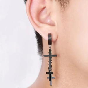 vien creation Jewelry Mens Stylish Latest Design Metal Jesus Cross Piercing Stainless Steel Huggie Earrings Long Chain for Men and Women (Black) Metal Hoop Earring