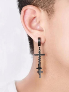 vien creation Jewelry Mens Stylish Latest Design Metal Jesus Cross Piercing Stainless Steel Huggie Earrings Long Chain for Men and Women (Black) Metal Hoop Earring