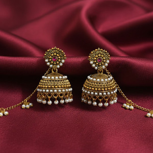 Rumee Ethnic Gold-Toned Pearl Jhumka Earrings with Kan Chain for Women | Alloy Jhumki Earring