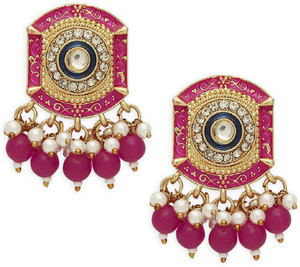 Oomph Rani Pink Meenakari Ethnic Drop Earrings With Kundan & Pearls Beads, Crystal Alloy Drops & Danglers