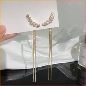 Vedali Korean Long Tassel Crystal Studded Drop Earrings For Women/Girls Pearl Alloy Drops & Danglers