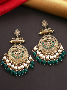 YELLOW CHIMES Ethnic Gold Plated Traditional Green Studded Stones Peacock Design Pearl moti Round Dangler Earrings for Women and Girls Beads Copper Chandbali Earring