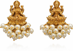 Zevar Lelo Traditional Temple Lakshmi Gold Plated Beaded Earrings for Women Cubic Zirconia Brass Stud Earring