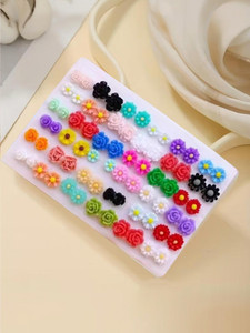 navjai Trending Korean Flower Earring for Women Colorful Latest Stylish Ear-tops 36Pair Beads Plastic Stud Earring