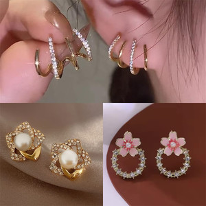 Oralya Pack of 3 Stylish Gold Stone Pearl Stud Tops Earrings Women Girls Light weight Cubic Zirconia, Crystal, Diamond, Pearl Alloy Plug Earring, Hoop Earring, Stud Earring, Hoop Earring, Earring Set