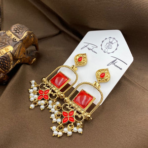 Fashion Theme Traditional Ethnic Mehndi Polish Jhumka Red Earring for Women & Girls Crystal Brass Earring Set, Drops & Danglers