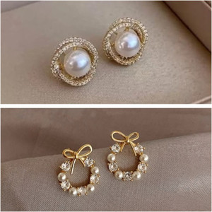 Tiso Combo of 2 Classic Studs Tops Gold Stone Pearl Earrings for Girls and Women Crystal, Cubic Zirconia, Pearl Alloy, Brass, Stone Drops & Danglers, Earring Set, Hoop Earring, Rhinestone Studs, Stud Earring