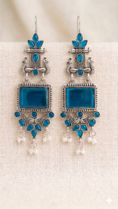 Vastaraj Elegant Oxidized Silver Peacock Design Earrings with Stones & Pearl Drops Brass Drops & Danglers
