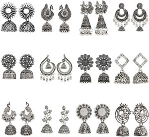 JV CREATION Premium Silver Jhumki Earrings ( Pack Of 12 ) Latest Oxidised Jhumka Earrings Cubic Zirconia Alloy Chandbali Earring, Drops & Danglers, Jhumki Earring, Stud Earring, Earring Set