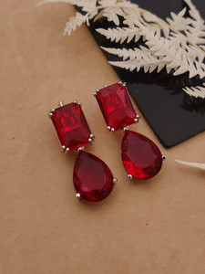 JUERI Red Emerald & Teardrop Stone Earrings Brass Drops & Danglers, Earring Set