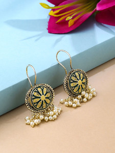 YELLOW CHIMES Gold Plated Green Meenakari Chandbali Earrings Metal Chandbali Earring