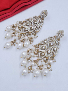 KRIXO Gold-Plated Kundan & Pearl Layered Dangler Earrings for Women & Girls | Beads Brass Stud Earring