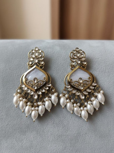 ShubhLabh Jewels ShubhLabh Jewels Gold-Plated Chandbali Pearl Drop Earrings with Kundan & AD Work Beads, Pearl Alloy Chandbali Earring, Chandbali Earring