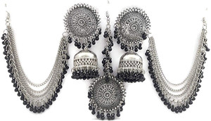 DENICRAAS Jewellery Traditional Antique Silver Black Beats Plated Bahubali Long Chain Jhumka Jhumki Earrings for Women And Girls Metal Hoop Earring