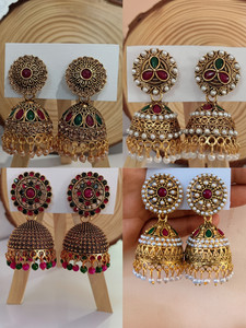 Dev Enterprise Traditional Indian Gold Plated Jhumka Earrings for Girl and Women(combo pack 4) Pearl Alloy Jhumki Earring