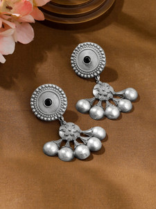 YELLOW CHIMES Traditional Silver Oxidised Long Dangler Earrings For Women Brass Drops & Danglers