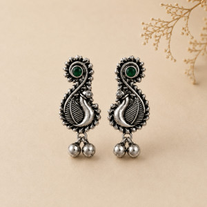 ValoraJewels Oxidised Silver Peacock Stud Earrings with Green Stone for Women Brass Drops & Danglers, Stud Earring