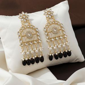 TESSARA Stone, Pearl Work Long Earrings with Black Beads for Girls & Women Alloy Drops & Danglers