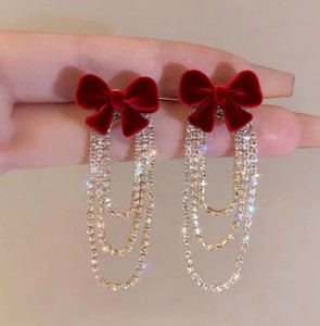 AKISON JEWELS Bow Ad Stone Chain Earrings For Women Girls Korean Trendy Stylish Earring Crystal, Cubic Zirconia Alloy Earring Set, Drops & Danglers, Tassel Earring, Stud Earring