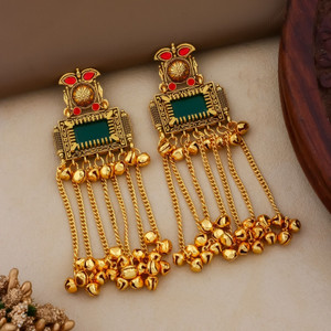DANGAR ENTERPRISE Women's Kashmiri Oxidised Green Stone Dangler Earrings with Chains & Ghungroo Alloy Drops & Danglers