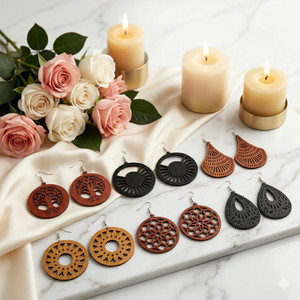 MAASHA Bohemian Wooden Statement Drop Earrings for Women | Pack of 6 Wood Earring Set