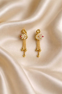 Aza Creation Royal Swan Golden Tone Detachable Danglers Earrings. Cubic Zirconia Alloy Drops & Danglers
