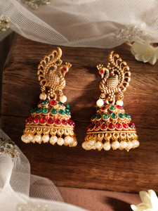 RUBANS 22 kGold Tone with Red-Green Kundan Stone and Beaded Jhumka Earrings Brass Jhumki Earring