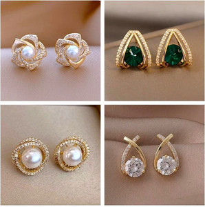 Dazzle21 Pack of 4 Stylish Gold Stone Pearl Stud Tops Earrings Women Girls Light weight Crystal, Cubic Zirconia, Pearl Alloy, Brass, Stone Drops & Danglers, Earring Set, Hoop Earring, Rhinestone Studs, Stud Earring