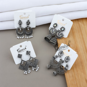 Gimiss Oxidised Silver Traditional Earring Combo–Designer Jhumka and Afghani Style Alloy Earring Set